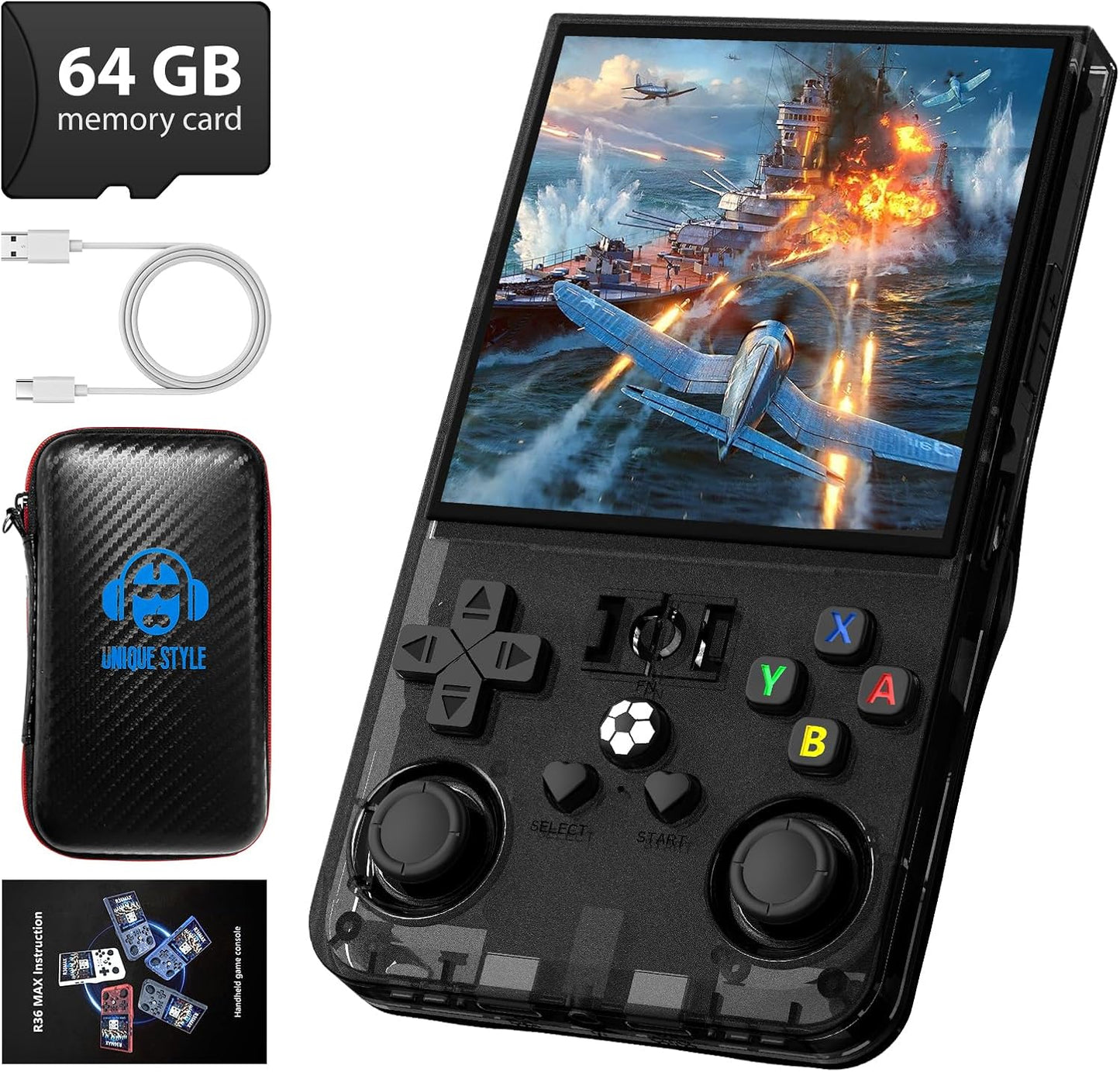 R36MAX Retro Handheld Game Console, 4.0 Inch 720x720 IPS Screen, Built-in 18,000+ Classic Game, Portable Hand Held Open Source Linux System, 4000mAh Battery Retro Gaming Console (Black 64GB)