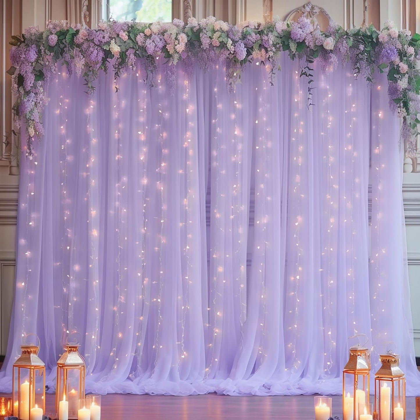 30×10ft Purple Tulle Backdrop Curtain with Lights String for Parties, Sheer Photo Backdrop Curtains for Wedding Party Photography Background