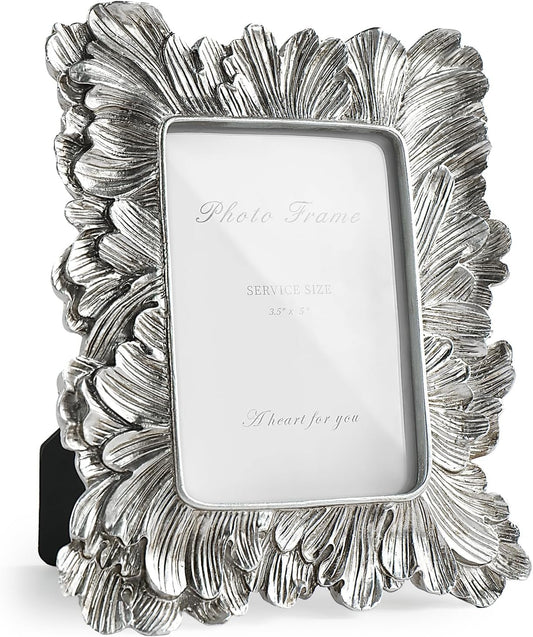 Silver 3x5 Picture Frame, Vintage Silver Palm Leaves Textured Hand-Crafted Resin with Glass Front, Small Frames Elegant Retro Rustic Design for Wall and Tabletop Display Home Decor