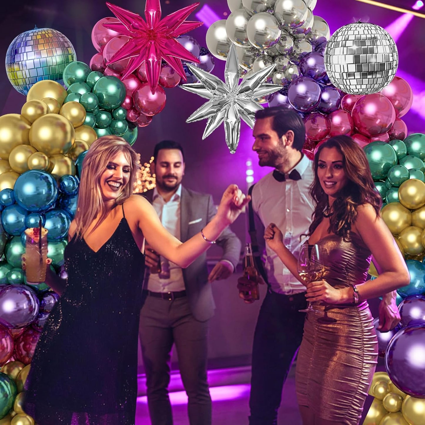 150Pcs Metallic Disco Balloon Arch Garland Kit, Chrome Purple Hot Pink Blue Silver Disco Ball Star Balloons for Men Women 80s 90s Birthday Party Decorations Graduation Space Neon Supplies