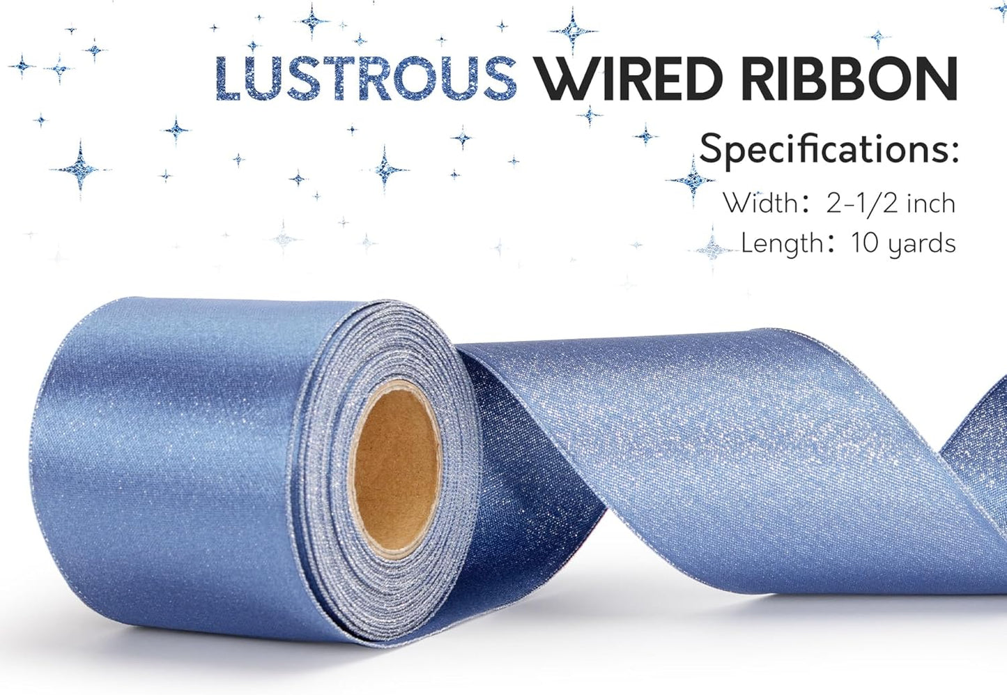 Dusty Blue Satin Wired Ribbon 2-1/2 Inch Double-Faced Sliver Glitter Christmas Ribbons for Wreath, Tree Decoration, Gift Wrapping, Home Decor 10 Yards
