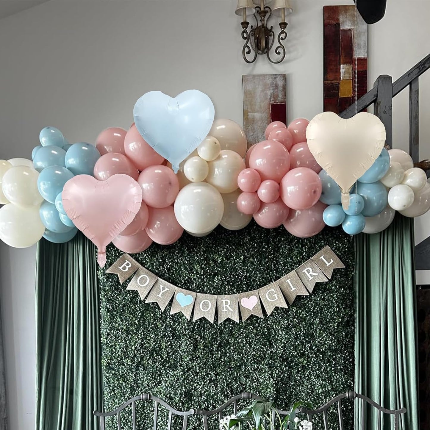 Pale Dusty Pink and Blue Balloons 18 Inch Heart Balloon *4, Pastel Dusty Blue Pink Cream White Gender Reveal Decorations for Baby Shower Boy Girl Neutral Heart Mylar Shape Foil Balloons as Boho Decor