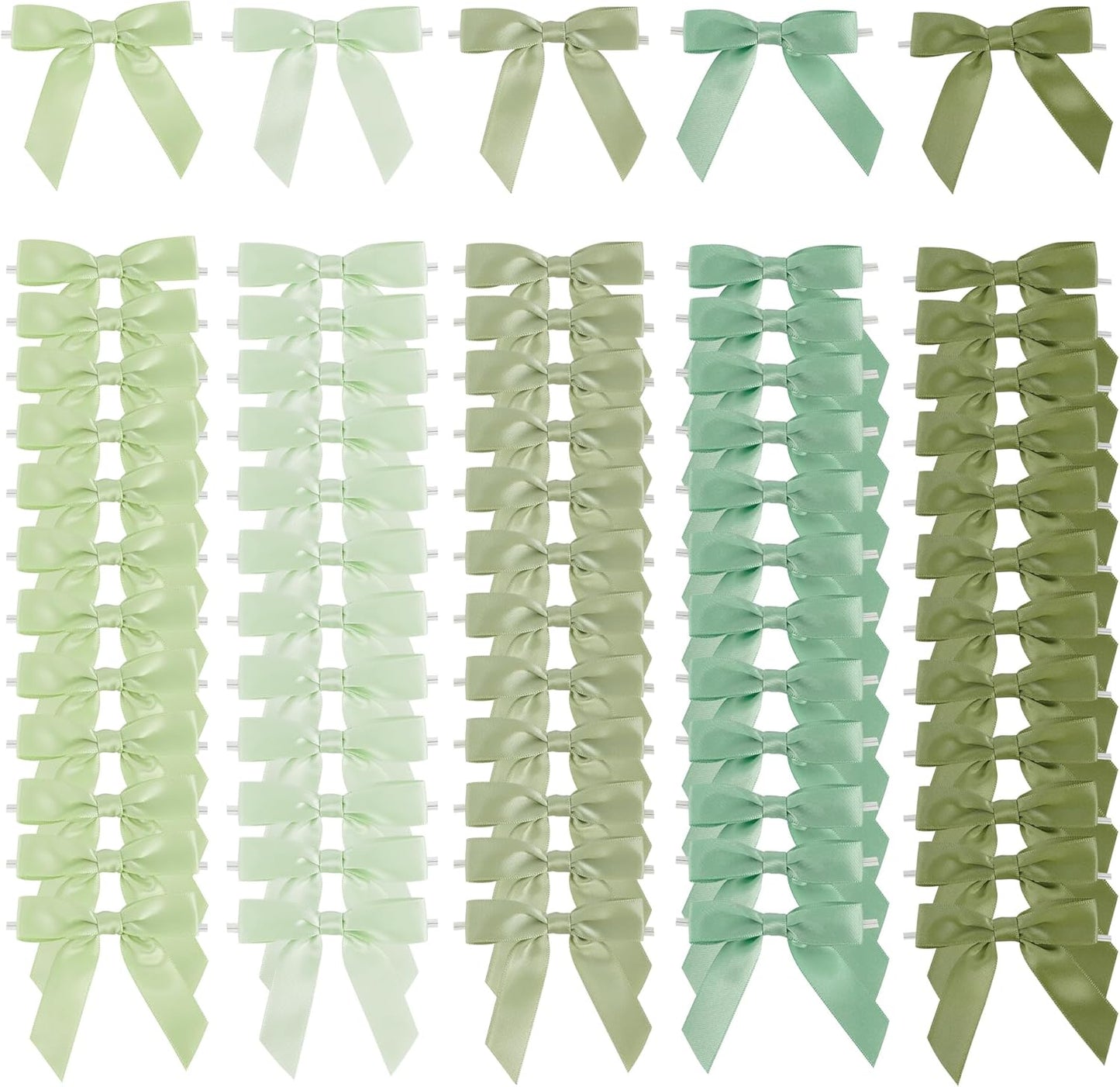 AIMUDI 5 Colors Sage Green Ribbon Bows 2.5" Satin Twist Tie Bows for Gift Wrapping Premade Satin Bow for Making Crafts Treat Bag Baby Shower Birthday Party Wedding Decoration, 50 PCs