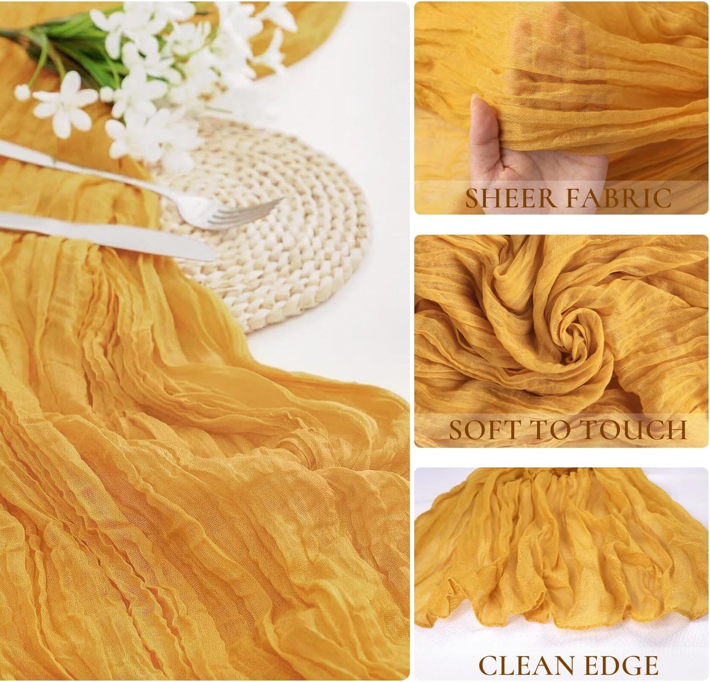 3 Pack Gold Cheesecloth Table Runner Fall Thanksgiving 35x120 Inch Yellow Cheese Cloth Runner 10FT Boho Rustic Gauze Table Runner for Wedding Baby Shower Birthday Party Decor