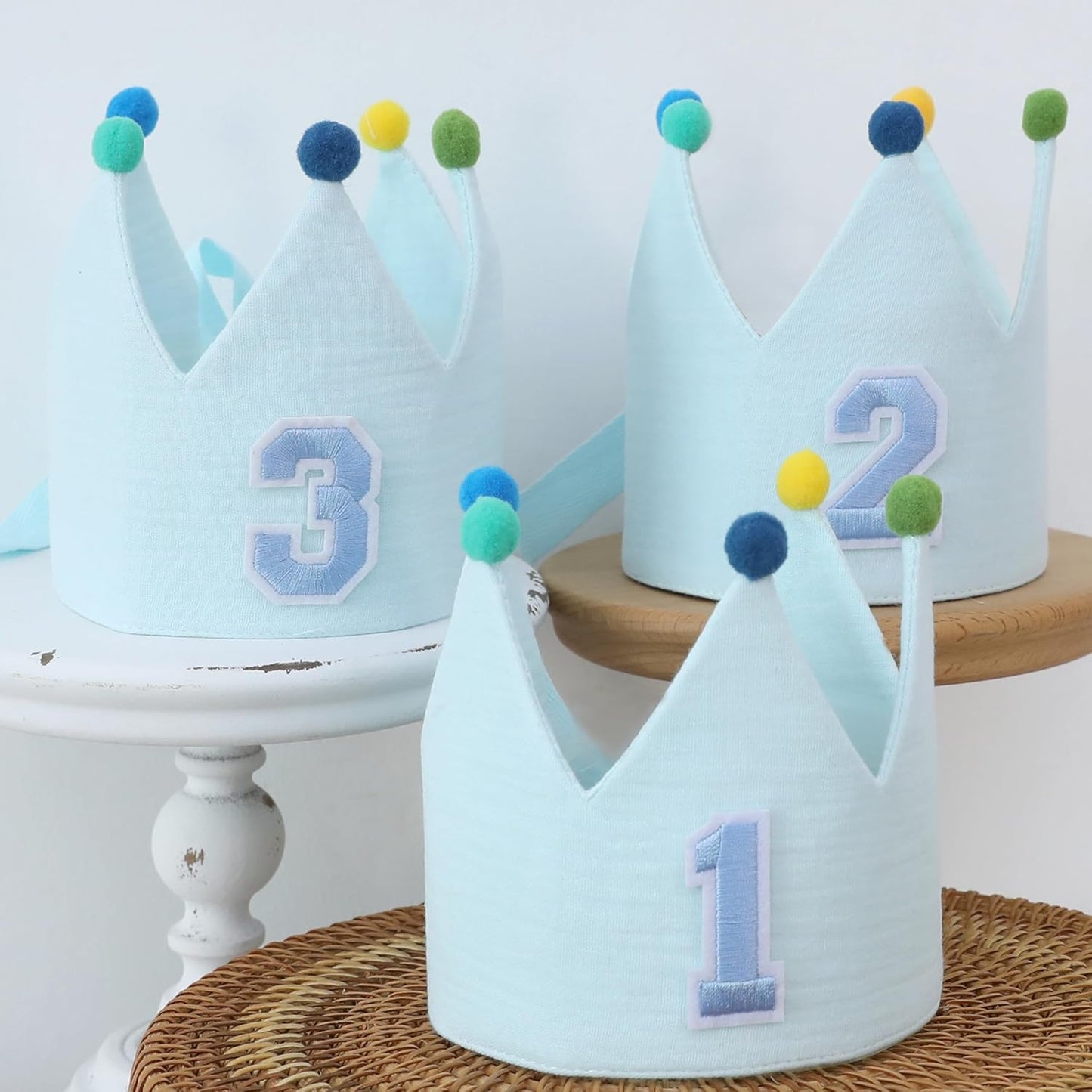 Muslin Crown Hat 1-3 Birthday For Baby Boy Girl Party Decoration Blue Pink Headband