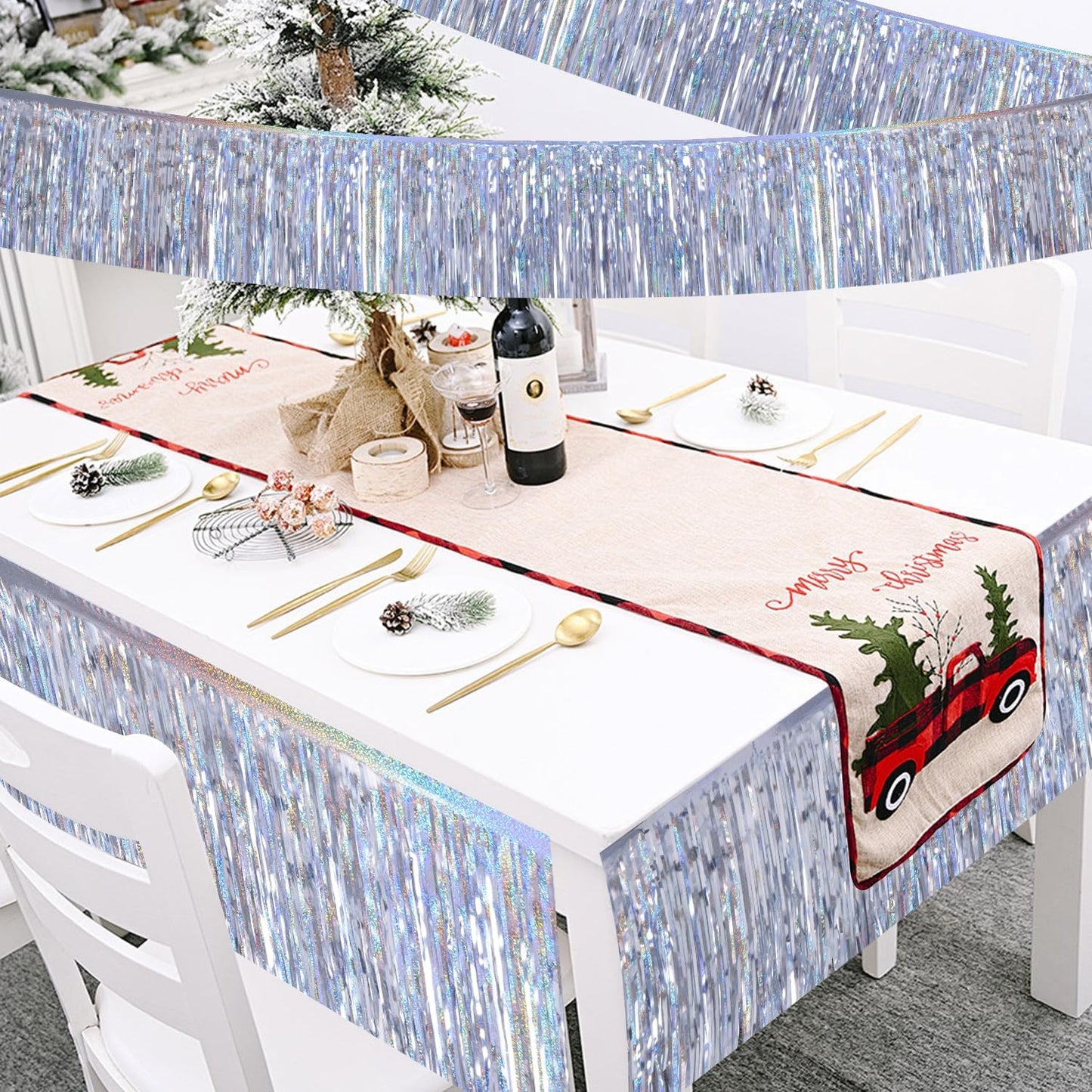 Laser Silver Birthday Decorations Tinsel Garland Parade Float Decorations for Trailer 4Pack 12FT Christmas Party Decor Ceiling Fringe Banner Silver Backdrop for Streamers Party Decorations