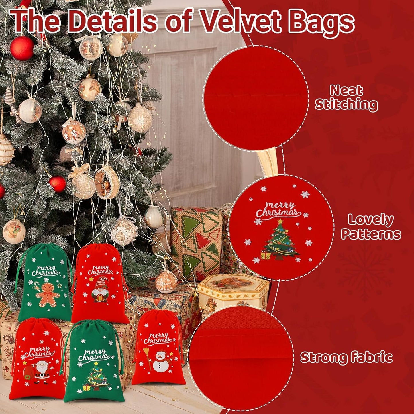 Tapleap Christmas Bags with Drawstring - 50Pcs 4x6 Red and Green Velvet Cloth for Wrapping Dice, Jewelry, Party Favors or Gifts for Friends, Children, Customers