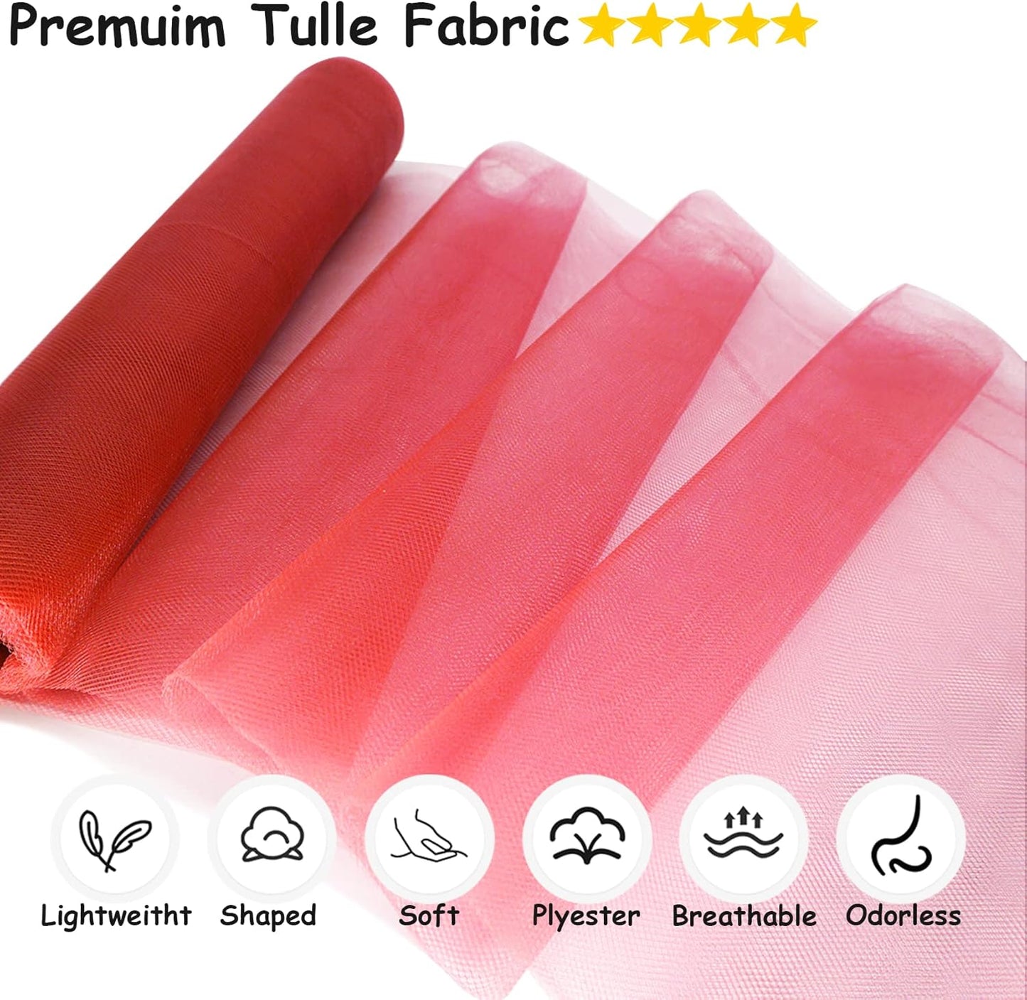 Red Tulle Fabric Roll, 54 Inch by 10 Yards (30 ft) for Wedding Party Decoration Spool Bolt, Ceiling Decor, Tutu Skirt, Gift Wrapping, Soft & Drape (Red)