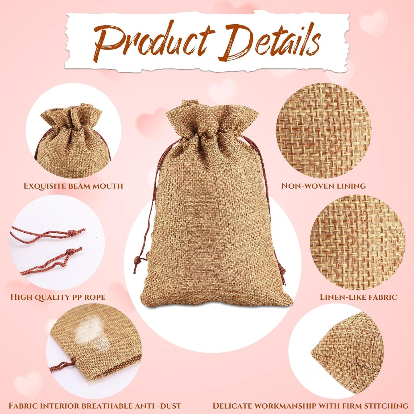 Woanger 100 Pcs Burlap Gift Bags with 100 Pcs Kraft Paper Gift Tags with Drawstring Favor Bulk Burlap Sack Bags for DIY Wedding Party Craft(3 x 4 Inch,Dark Brown)