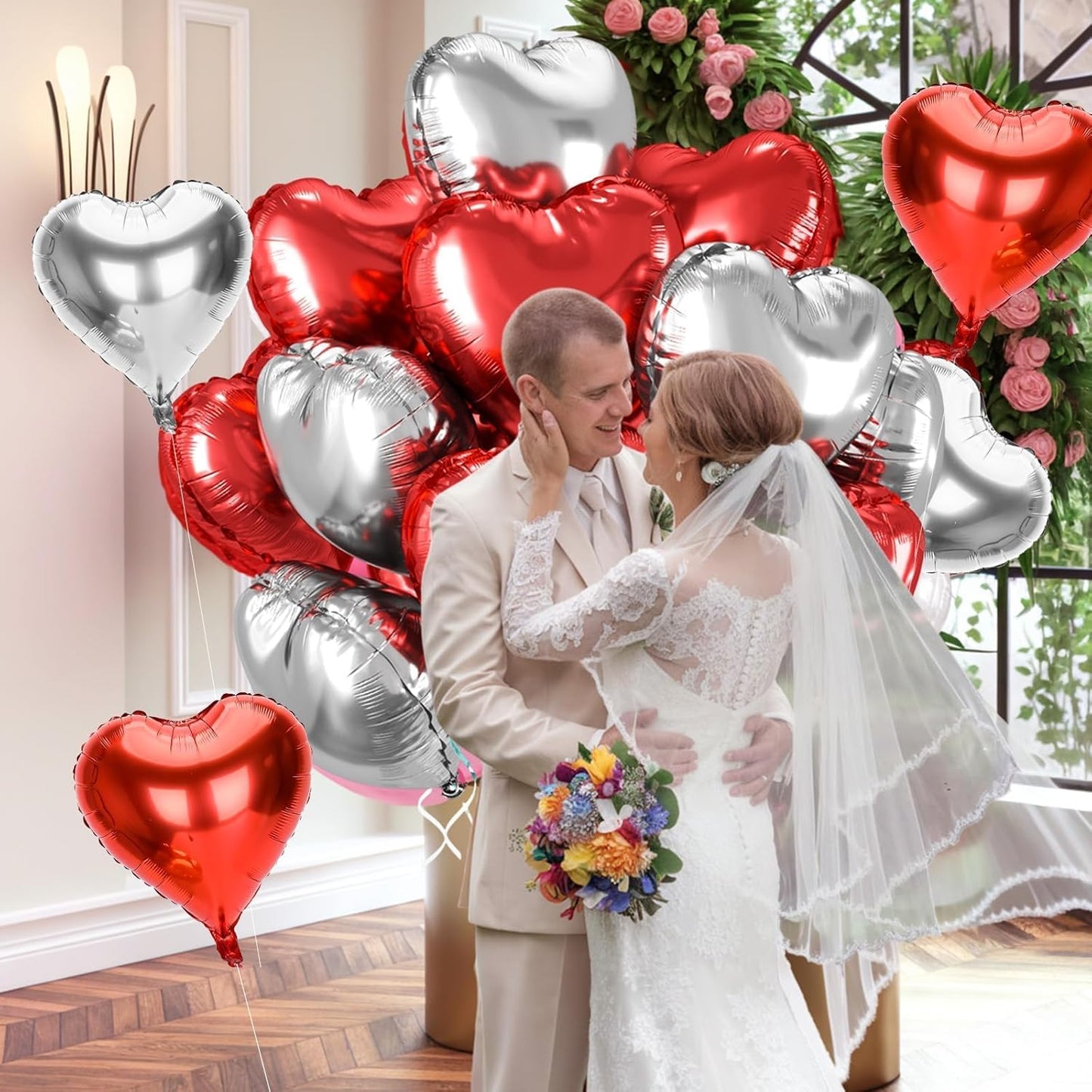 12 Pcs Heart Balloons, 18 inch Valentine's Day Heart Shaped Balloons, Red Silver Foil Helium Balloon, Love Foil Balloon for Valentine's Day Wedding Baby Shower Party Decorations