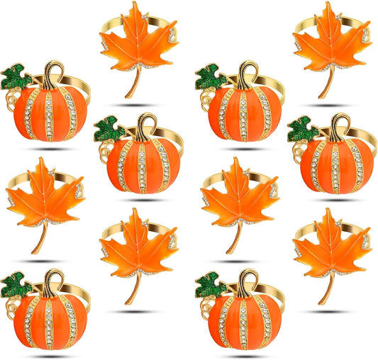 KPOSIYA Fall Napkins Rings, 12 Pcs Thanksgiving Napkin Ring Fall Maple Leaf Napkin Rings and Halloween Pumpkin Napkin Holders for Thanksgiving Table Decorations, Fall Banquet, Holiday Dinner Party