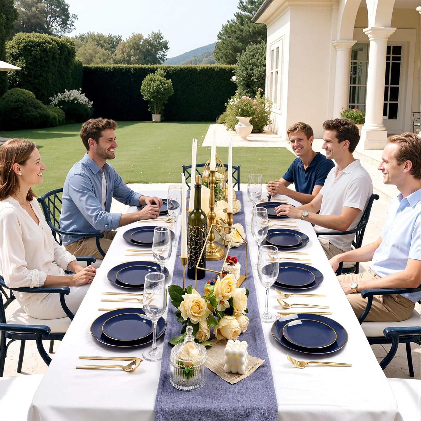 bUCLA 100PCS Blue Plastic Plates - Navy Blue Disposable with Gold Rim, Include 50 Each (10 inch Dinner & 7 inch Dessert) Plates, Ideal for Party