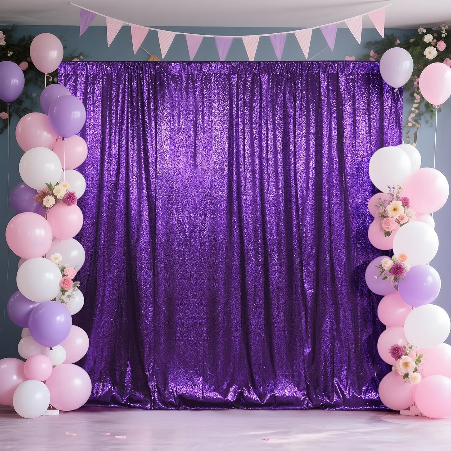 SquarePie Sequin Backdrop Curtain Not See Through Thick Glitter Background for Party 8FT x 8FT Purple