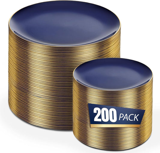bUCLA 200PCS Blue Plastic Plates - Navy Blue Disposable with Gold Rim Include 100 Each (10 inch Dinner & 7 inch Dessert) Plates, Ideal for Party & Gathering