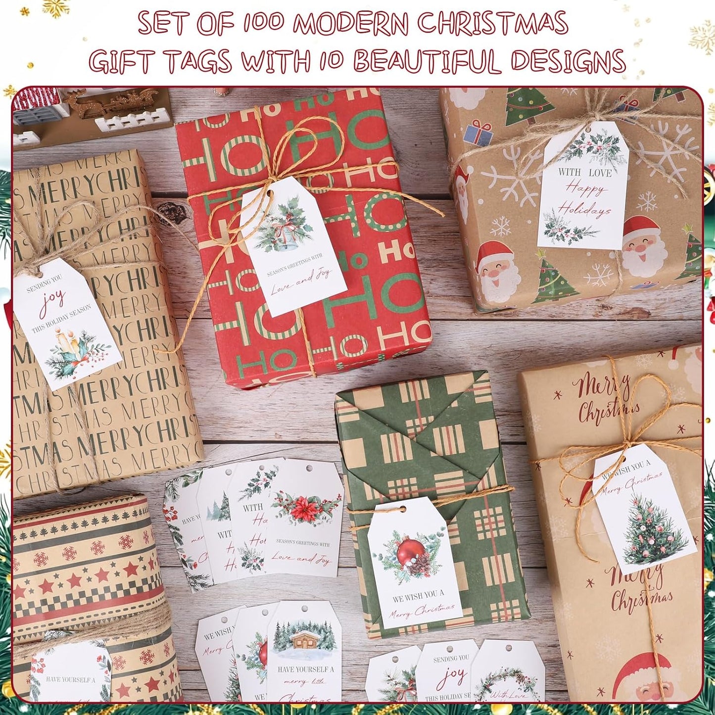 100PCS Christmas Gift Tags 10 Styles Watercolor Christmas Tree Pinecone Tags with String Celebrations Tag for Present Wrapping Xmas Holiday Seasonal Party Favors