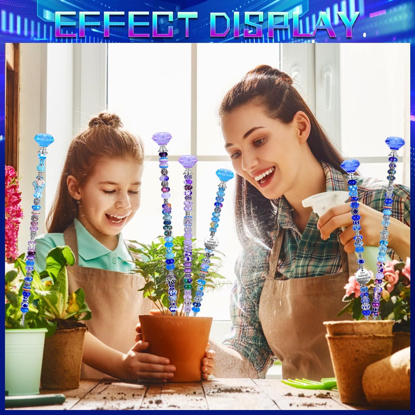 DIY Fairy Wand Garden Beads Stakes Wands Kit,Multiple Color Scheme European Beads Crystal Diamond Tops and 12 or 10 Inch Threaded Rods,Stainless Steel Stakes with Diamond Toppe(Purple+Aqua+Sapphire)