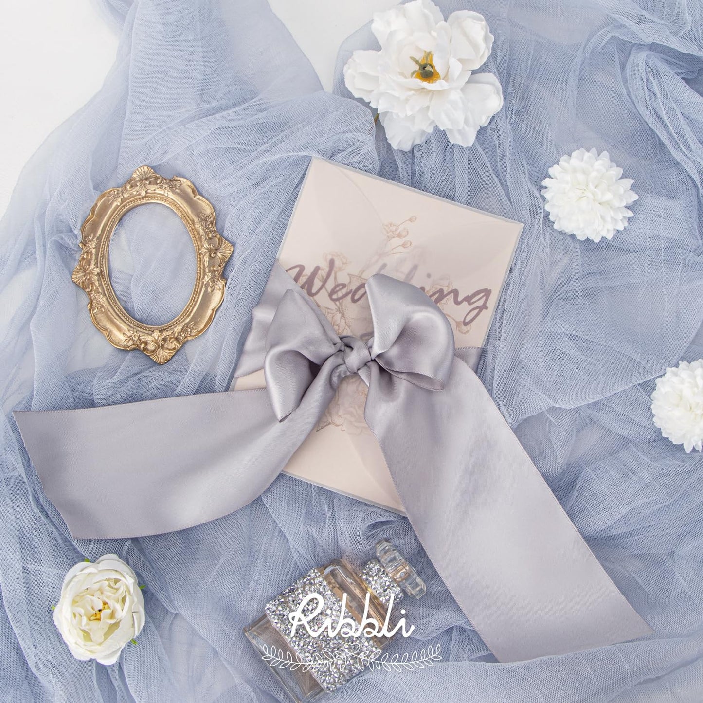 Ribbli Silver Double Faced Satin Ribbon, 3” x Continuous 10 Yards,Use for Bows Bouquet,Gift Wrapping,Floral Arrangement,Wedding Decoration