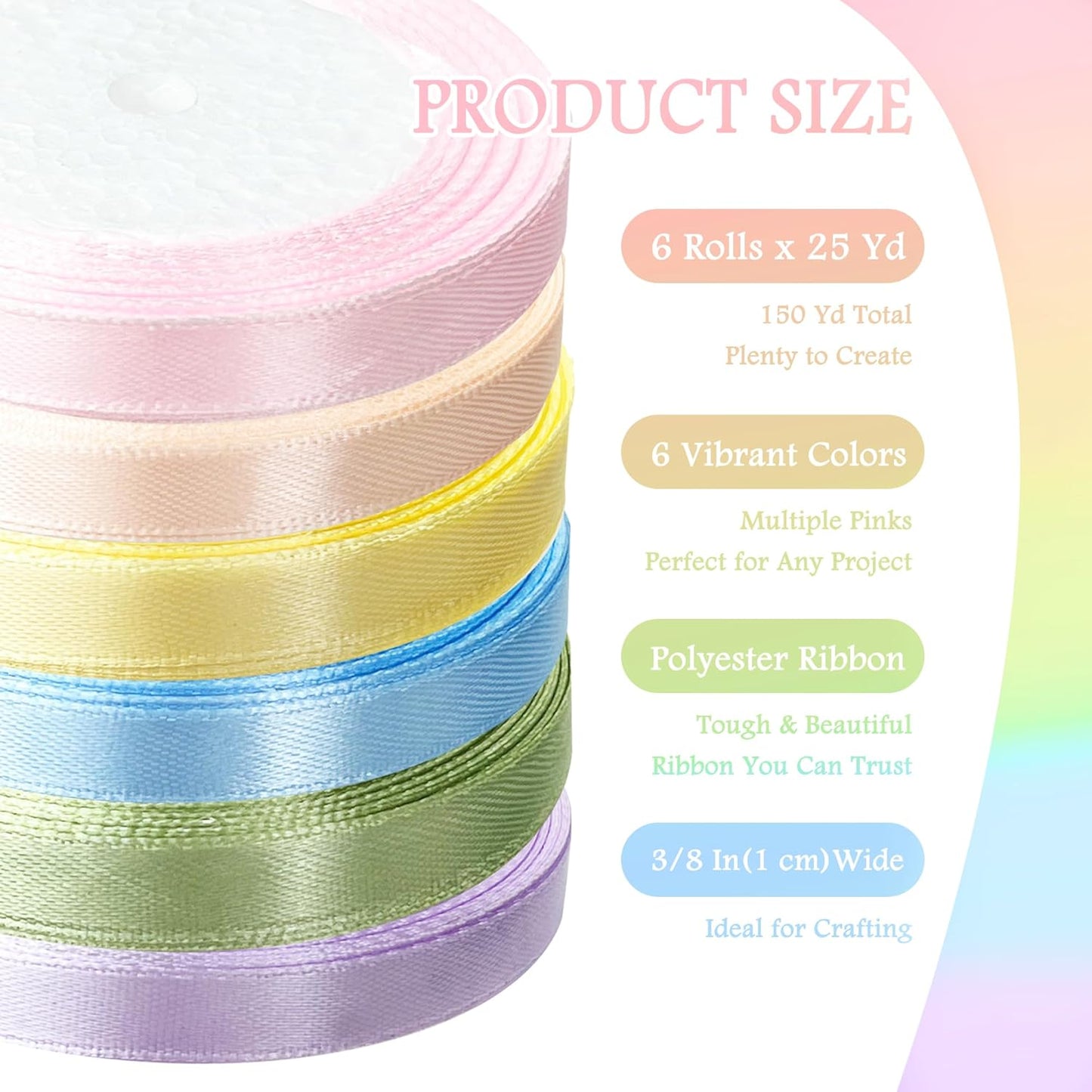 3/8" 6 Colors X 25 Yards Light Rainbow Satin Ribbon,150 Yards Assorted Colors Satin Ribbons for Flower Bouquet,Ribbons for Gift Wrapping Happy Birthday Party Decorations