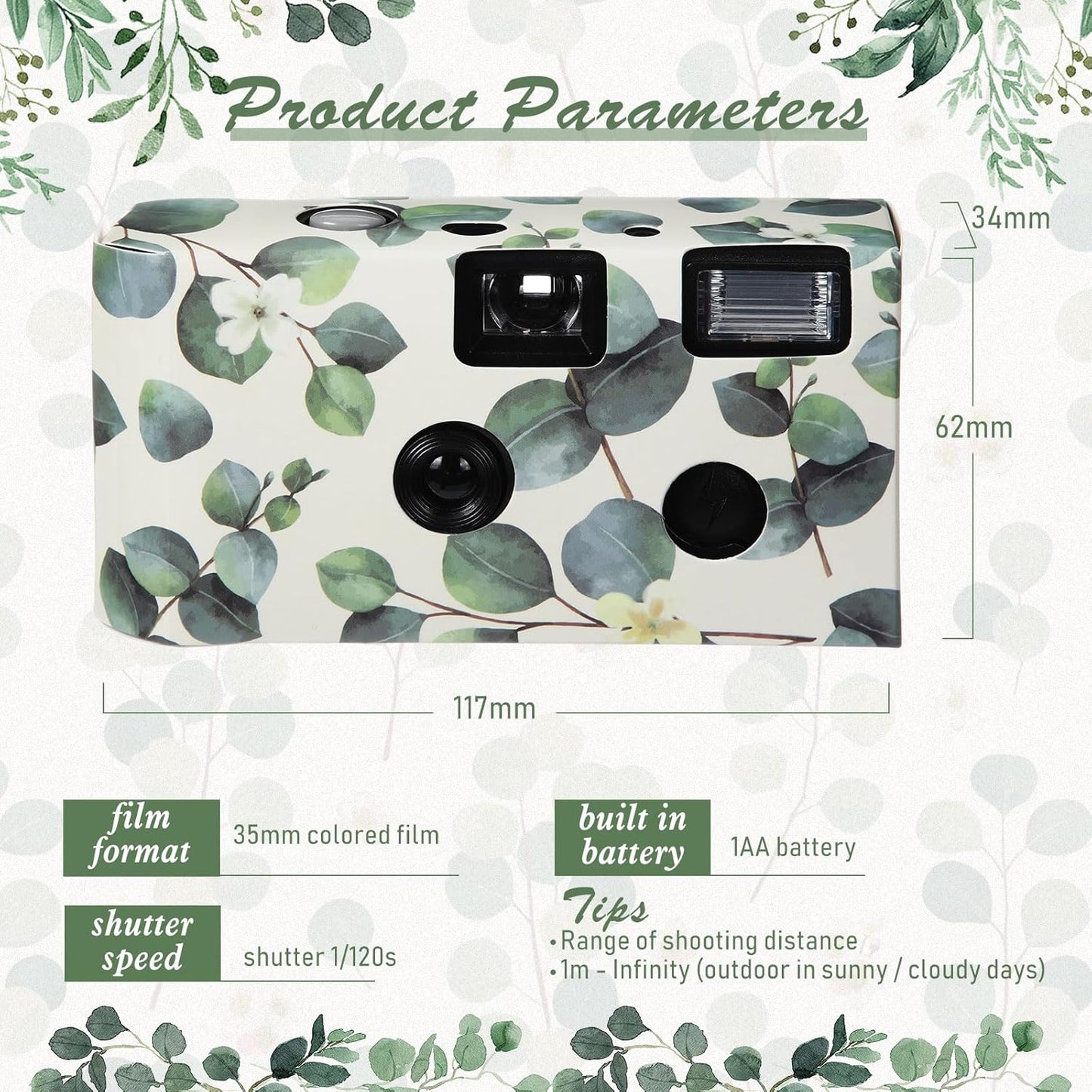 Kanayu 8 Pack Bulk Disposable Camera for Wedding, 35mm Single Use It with Flash Disposable Cameras One Time Photo Tool for Wedding Anniversary Travel Camp Party Supplies(Eucalyptus Leaves)