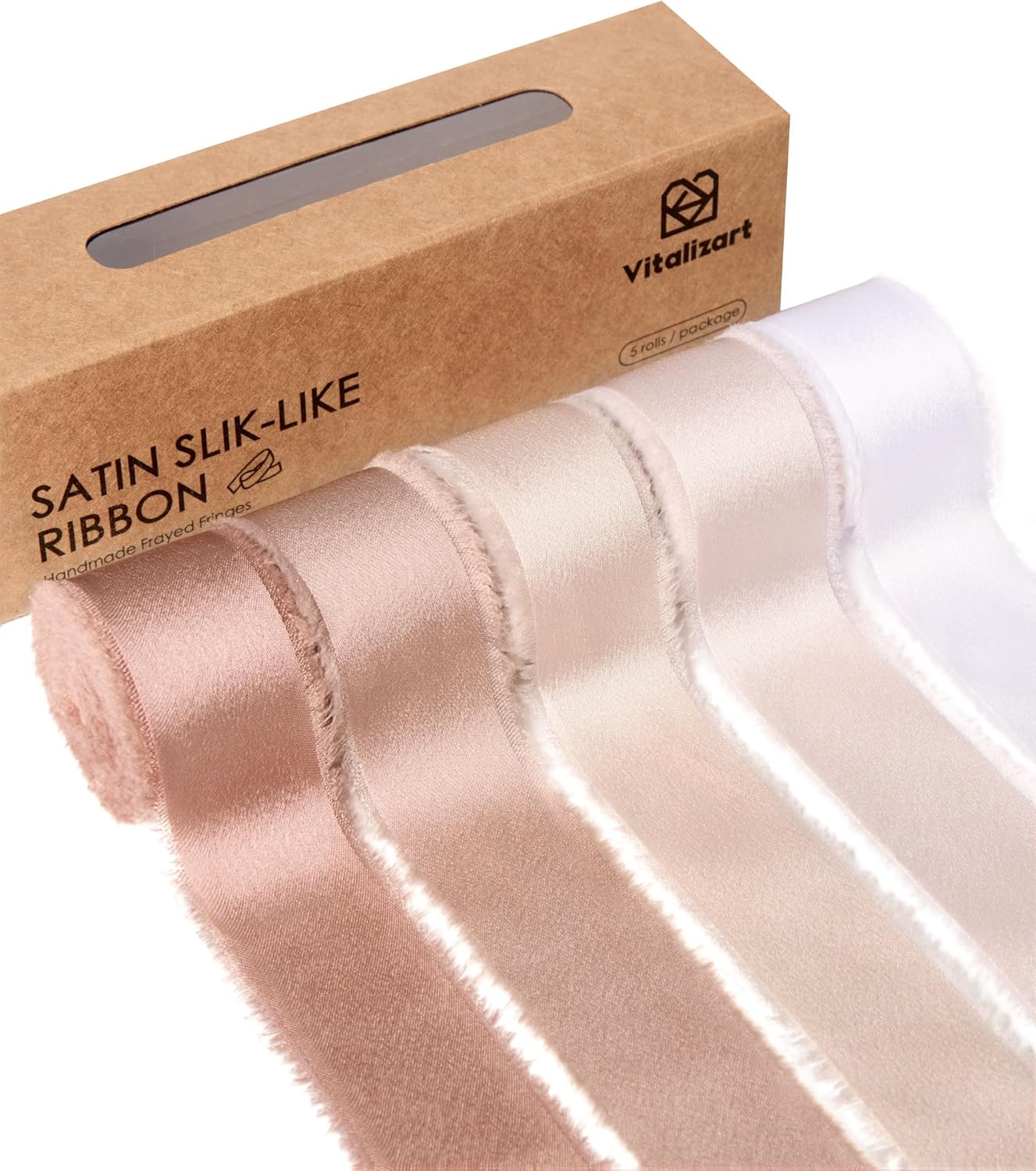 Vitalizart Silk Like Satin Ribbon 1 inch x 25 Yard Nude & White Handmade Frayed Ribbons for Gift Wrapping Baby Shower Wedding Bridal Bouquets Holiday Decor