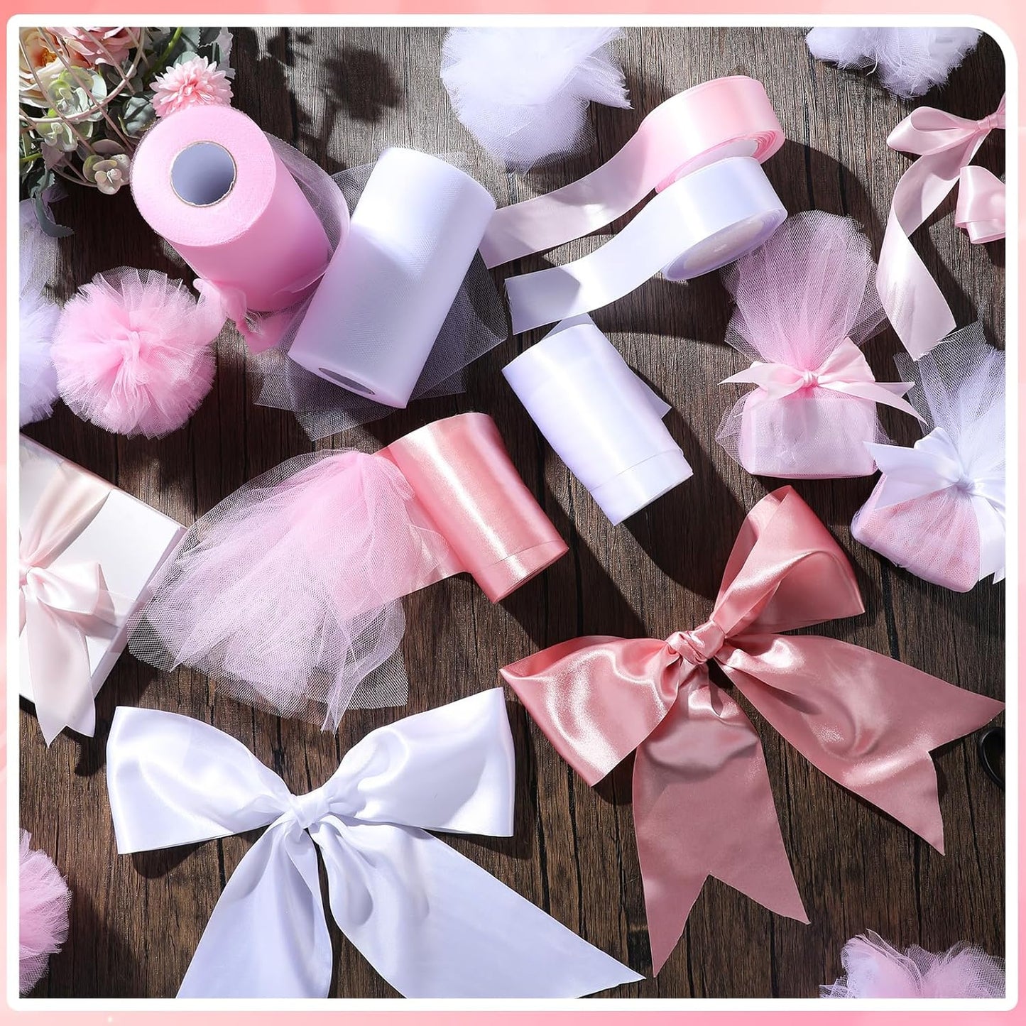 6 Pcs Tulle Fabric Rolls & Ribbon Set, Include Pink White Tulle Fabric Rolls 6 Inch by 100 Yards 3.9'' /1.5'' White Pink Ribbon for Wedding Bridal Shower Birthday Party DIY Tutu Skirt
