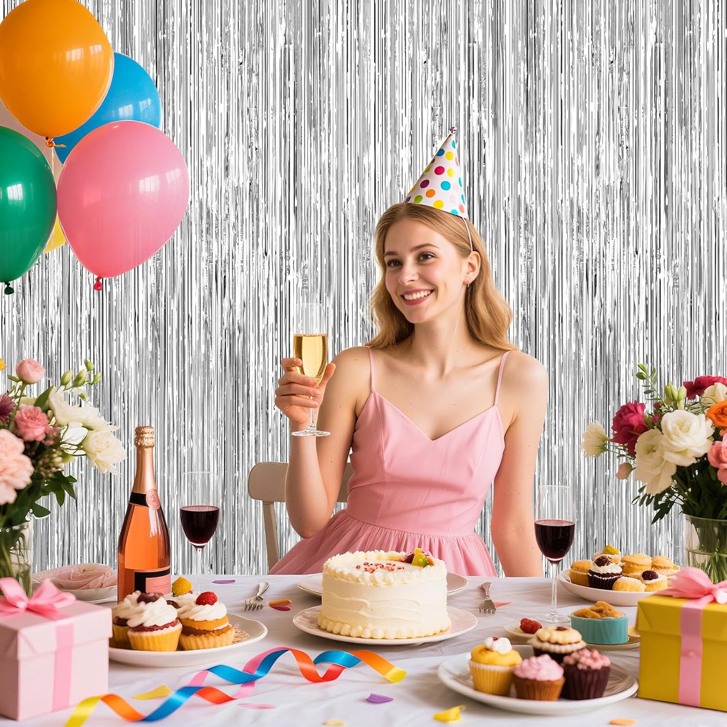 Silver Foil Curtain Backdrop, 2Pack Silver Metallic Tinsel Foil Fringe Curtains Photo Booth Props for Birthday Wedding Engagement Bachelorette Baby Shower Christmas Celebration Disco Party Decorations