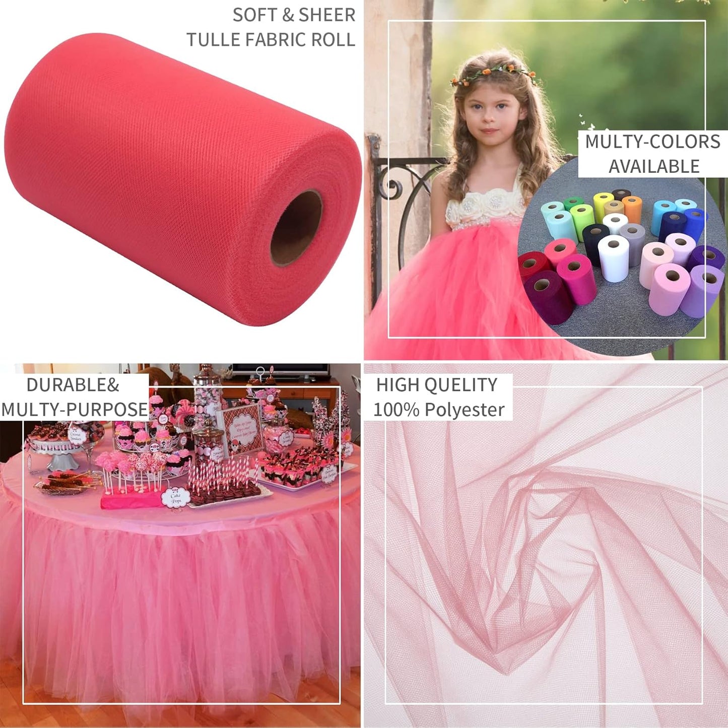 Coral Tulle Fabric Rolls 6 Inch by 200 Yards (600 feet) Fabric Spool Tulle Ribbon for DIY Coral Tutu Bow Baby Shower Birthday Party Wedding Decorations Craft Supplies
