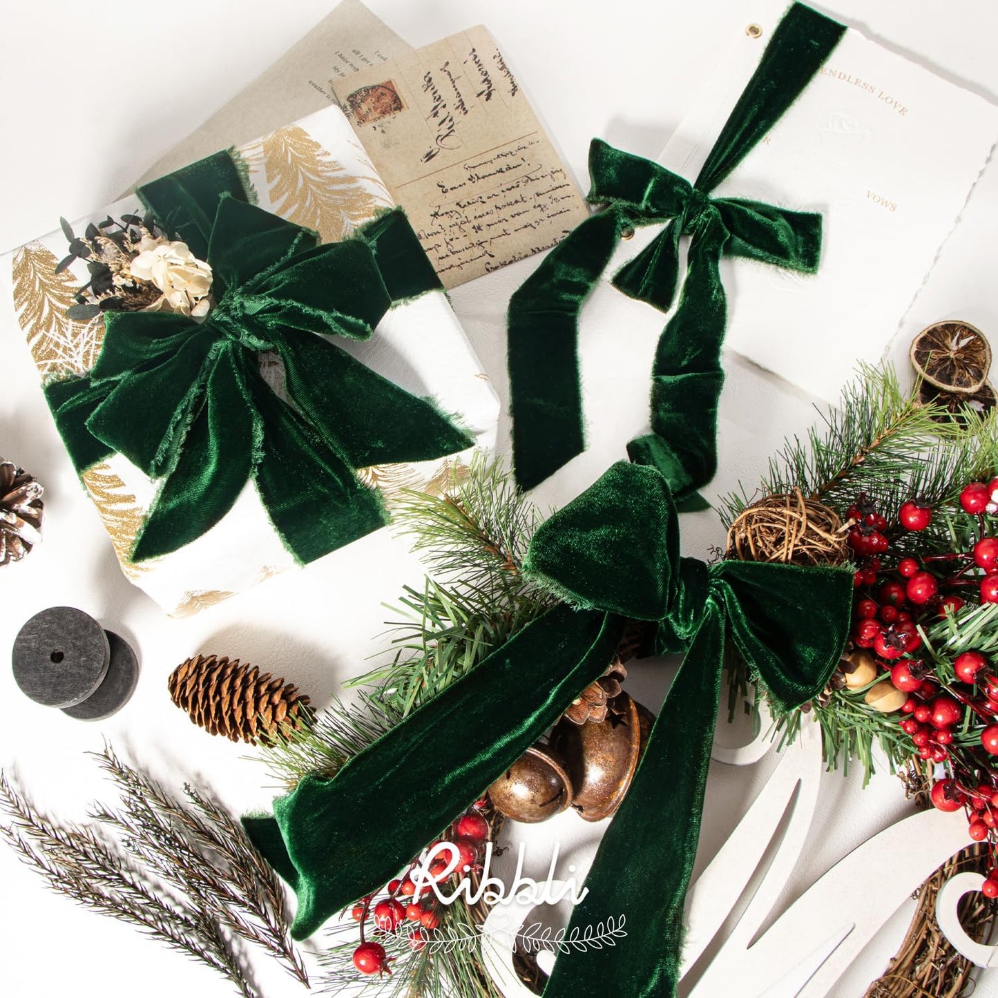 Ribbli Forest Green Velvet Ribbon 1.5 Inch Handmade Frayed Vintage Christmas Ribbon for Gift Wrapping Christmas Tree Ornament Wreath Craft Home Decor -Total 3 Yards with Wooden Spool