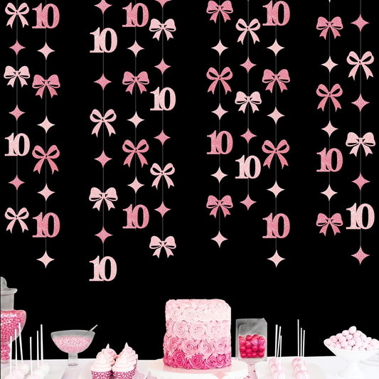 Glitter Pink 10th Bow Birthday Decorations Hot Pink Conquette Bow Garland Streamer Banner Backdrop for Girls Happy 10th Birthday Double Digits I'm 10 Cheers to 10 Years Old Anniversary Party Supplies