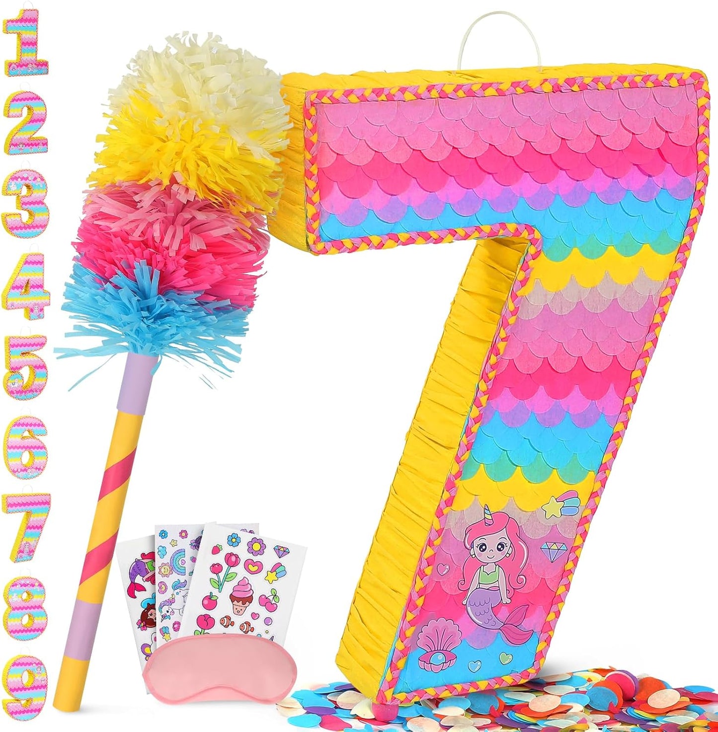 Number 7 Pinata for Birthday Party Decorations, Unicorn Mermaid Theme Pink Piñata Games Toy (7th)