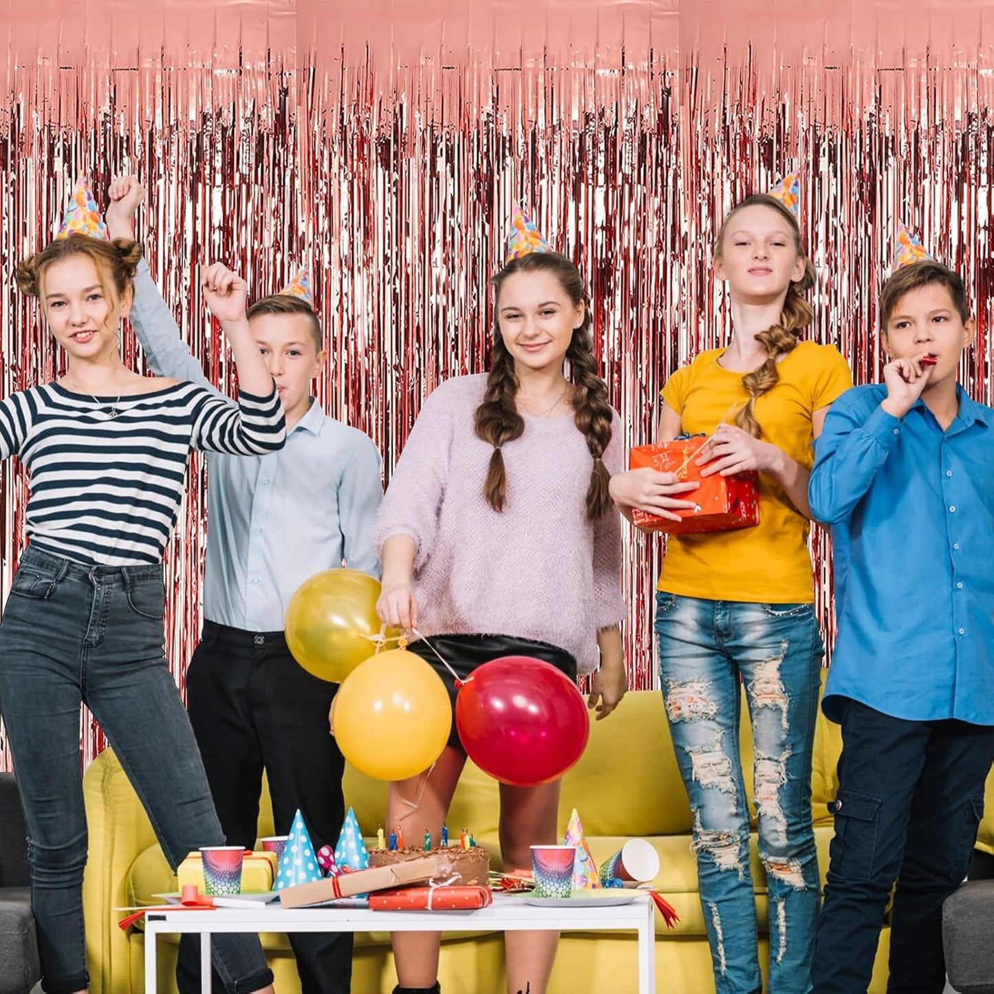 Rose Gold Fringe Curtain Party Streamers, 12 Pack 3.3ft x 8.2 ft Foil Curtain Backdrop Tinsel Foil Fringe Curtains Photo Booth Backdrop Streamer for Birthday, Wedding, Baby Shower, Disco Party