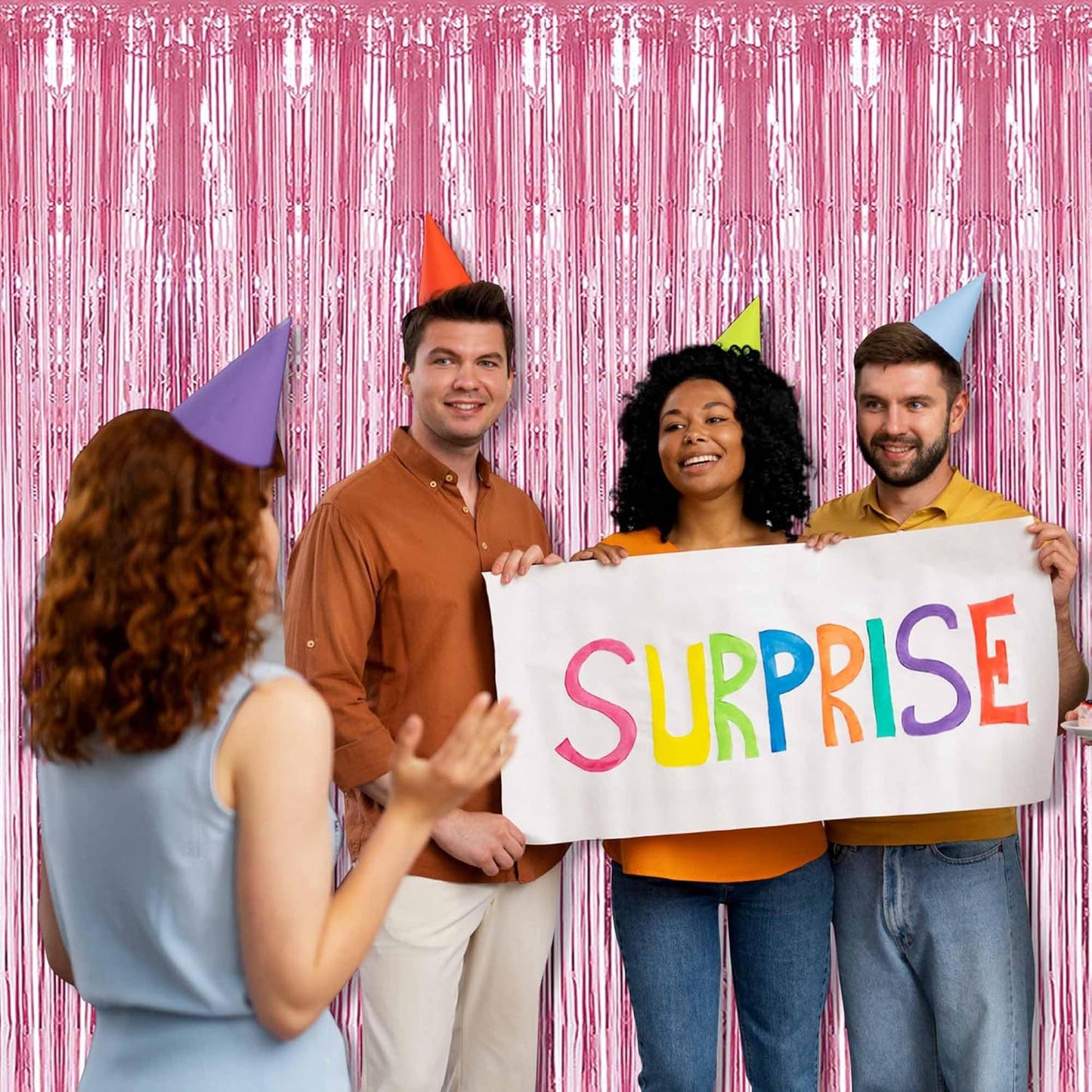 3 Pack Pink Foil Fringe Curtains Backdrop, 3.28 x 9.8 Ft Metallic Streamers Tinsel Curtains Background for Photo Booth, Birthday, Halloween, Christmas, Thanksgiving, New Year Party Decorations