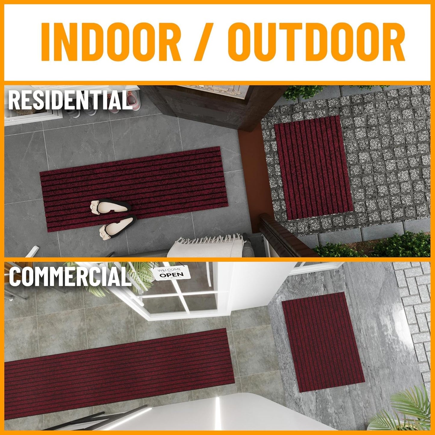 Ottomanson 2' x 8' Hallway Runner with Scraper Pile - Extra Durable Non-Slip Rug Mat for Indoor & Outdoor Use - Ideal for Kitchen, Entryway, Patio & Garage - High-Traffic Carpet, Red