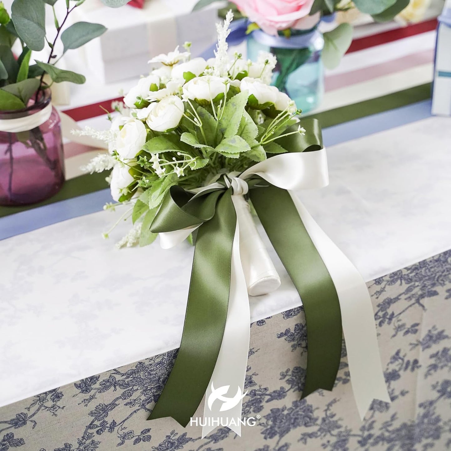 HUIHUANG 1-1/2 inch Double Face Satin Ribbon, Polyester Moss Green Ribbon 50 Yards Per Roll for Gift Wrapping Bows Making Floral Bouquet Wedding Invitations Decor Party Favor and Craft Supplies