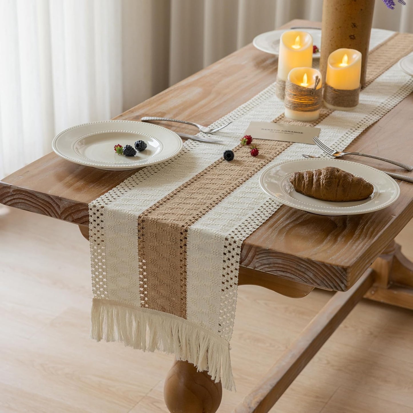 Keketo Boho Table Runner Cream Beige Brown for Home Decor 12x72 Inches Farmhouse Macrame Burlap Jute Rustic Dining Kitchen Centerpiece Bohemian Decor French Country Bridal Shower Decorations