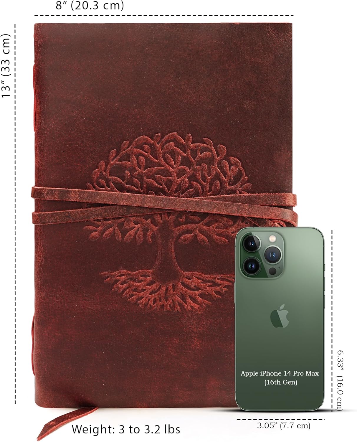 LUXEORIA Tree Of Life Leather Journal for Women and Men, Handcrafted Leather Journal for Writing Womens, Sketchbook, Travel Diary with Unlined Deckle Paper, Wine Red 8x13