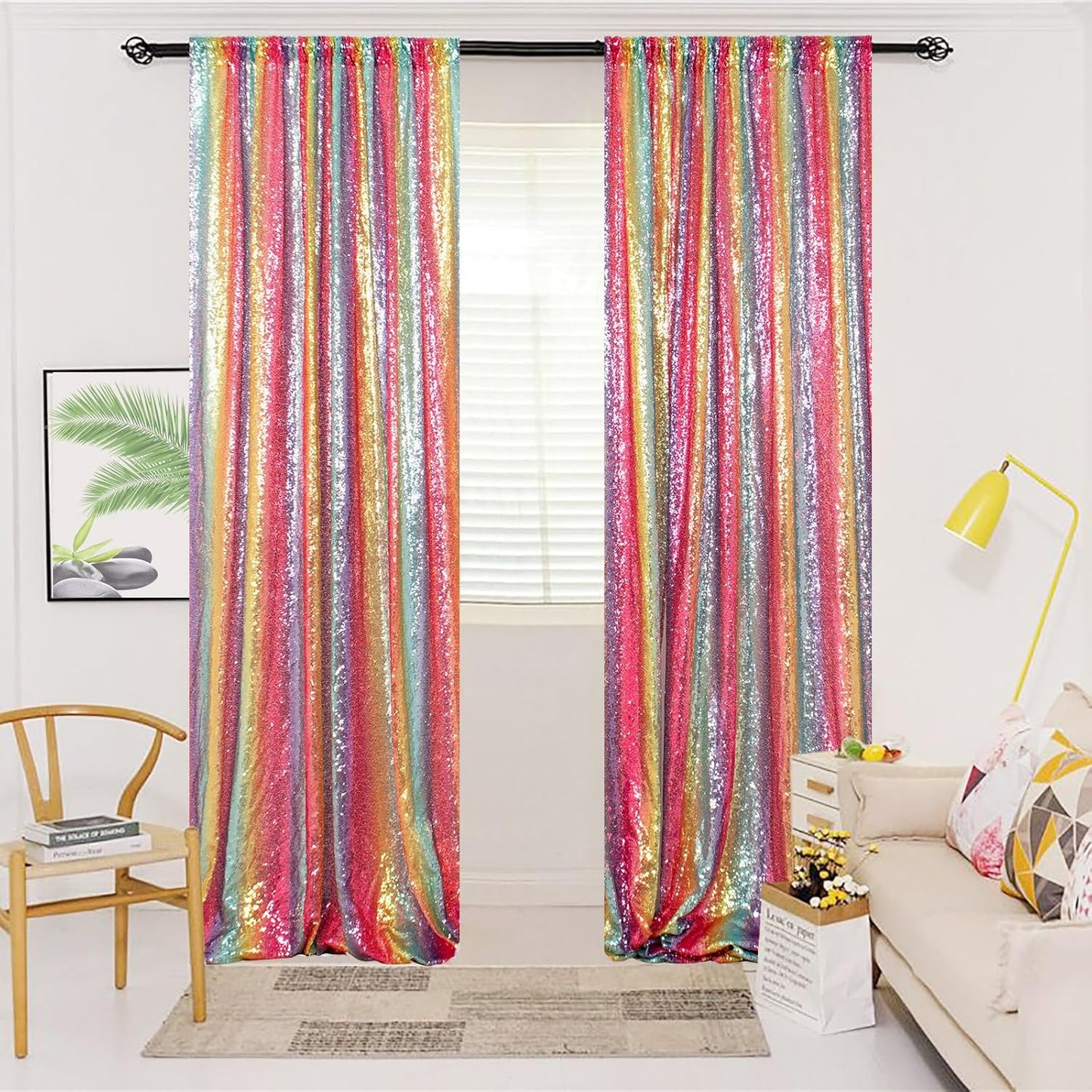 ShinyBeauty 4x10ft Rainbow Sequin Photo Backdrop - Glitter Wall Decor for Wedding, Birthday, Baby Shower - Reusable & Lightweight