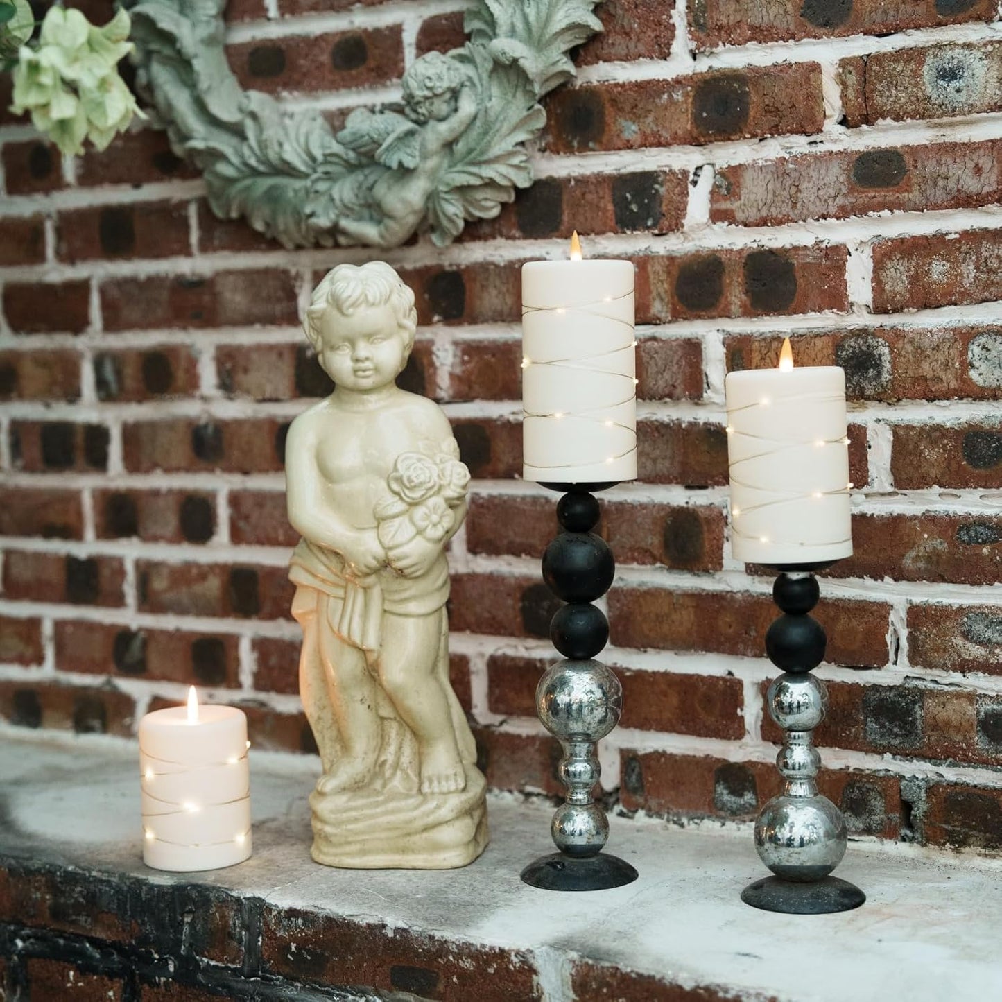 Upinmz Flickering Flameless LED Candles with String Lights, Remote Control and Timer - 3 Pack Ivory White Acrylic