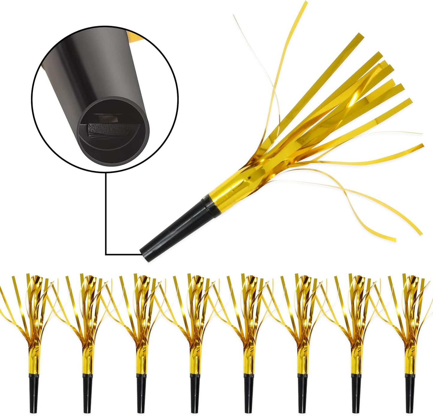 50 Pcs Metallic Fringed Party Blowers Noise Makers Gold Black Blowout Whistle Noisemakers New Year Eve Birthday Party Favor Supplies Events