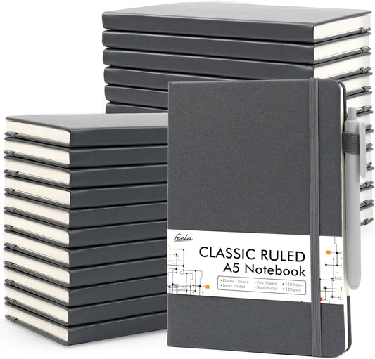 feela 24 Pack Journal Notebook for Work, Business Notebook Bulk Hardcover Lined Writing Journal with Pen Holder for Men Women Note Taking, with 24 Black Pens, 120 GSM, 5.1”x8.3”, A5, Gray