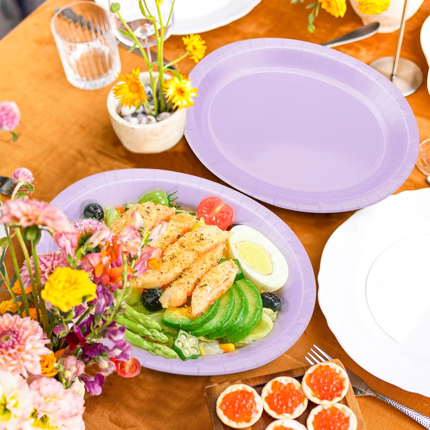 QZYL 50 Count Oval Paper Plates, 12.2'' X 10.2'' Large Lavender Disposable Plates for Daily Dinner, Wedding, Birthday, Party, Picnic, Baby Shower, Barbecue