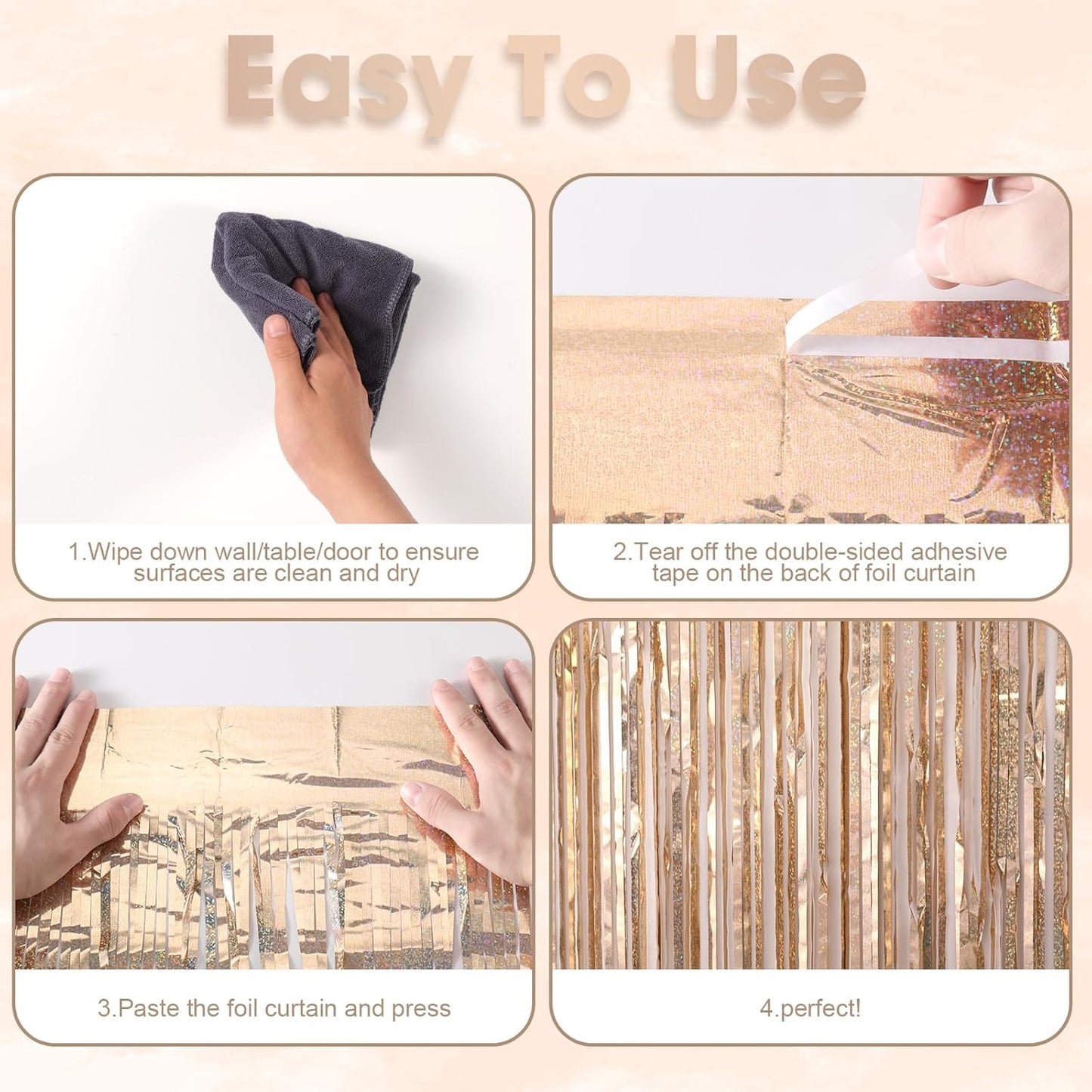 2 Pack Laser Champagne Foil Fringe Backdrop Curtains, Tinsel Streamers Birthday Party Decorations, Fringe Backdrop for Graduation, Baby Shower, Gender Reveal, Disco Party