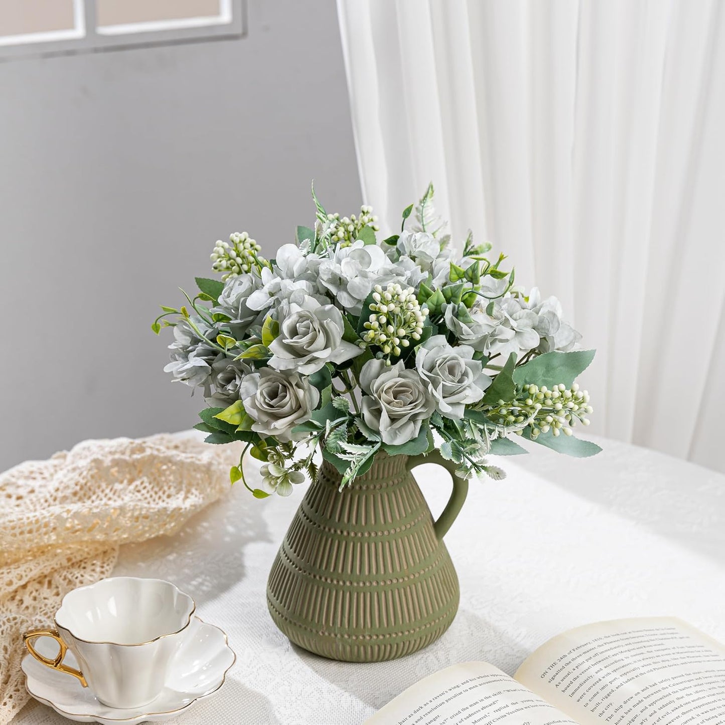 Artificial Flower 5 Branches Artificial Silk Fake Flowers Bouquet Small Roses for Wedding Home Office Tables Decor 2 Packs(Green)