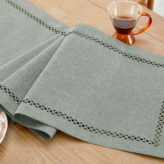 Burlap Style Farmhouse Table Runner, 13 x 48 Inch Grey, Rustic Geometric Hollow Table Runners 48 Inches Long for Dresser Table Everyday Use, 13x48 Inches, Grey