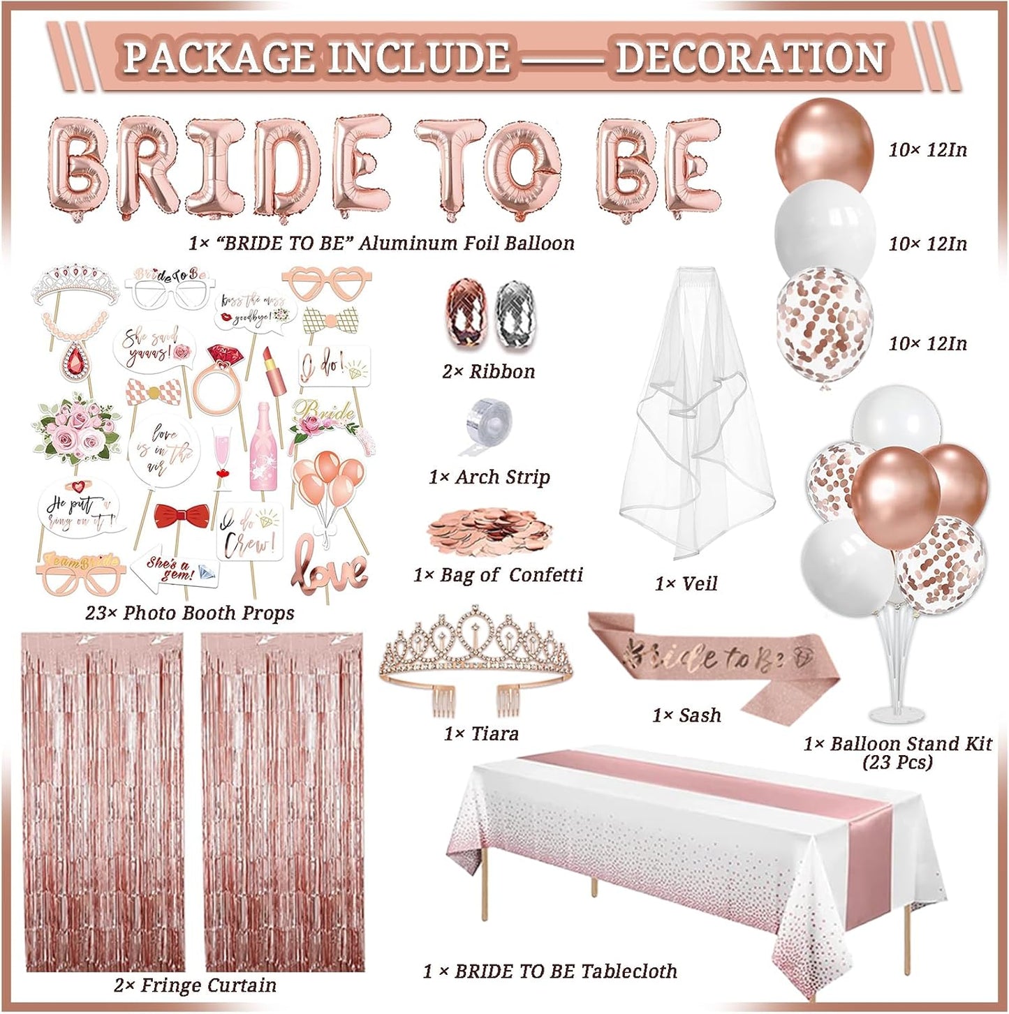 274 Pcs Rose Gold Bridal Shower Decorations, Bachelorette Party Decorations Favors - "BRIDE TO BE" Banner, Veil, Balloon, Photo Props, Tableware with Rose Gold for 25 Guests