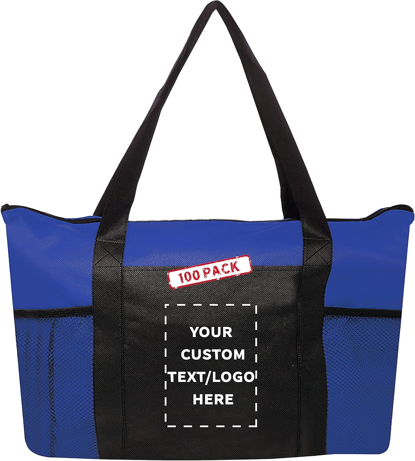 DISCOUNT PROMOS 100 Zippered Non-Woven Tote Bags Set - Customizable Text, Logo - Mesh Pocket, Zippered, Recyclable, Reusable - Blue - 19"X14"X3", with Zipper
