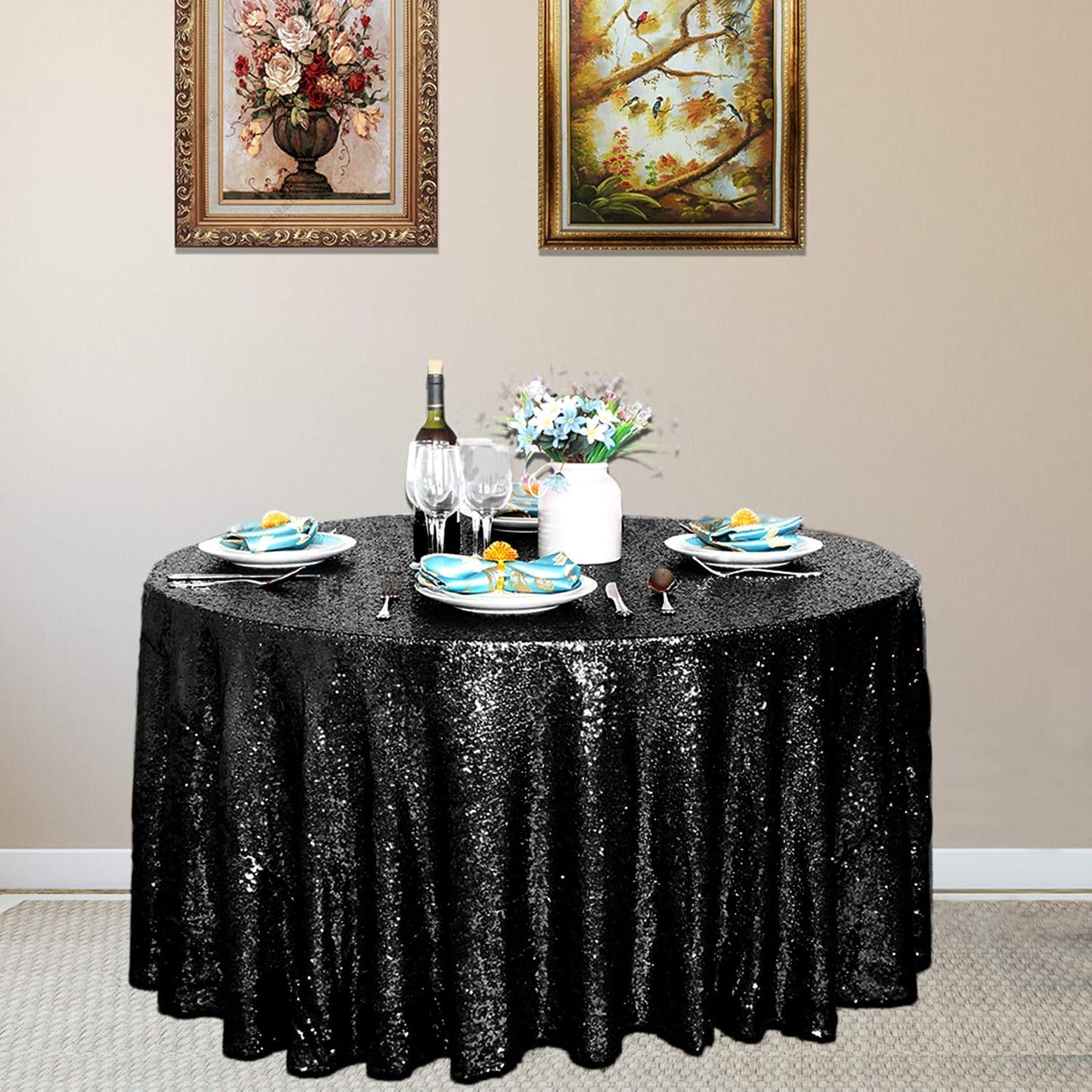 JYFLZQ Black Sequin Tablecloth - 90" Round Sparkly Glitter Metallic Table Cloths Table Cover Overly for Halloween, Retirement, Birthday Party, and Graduation Decorations