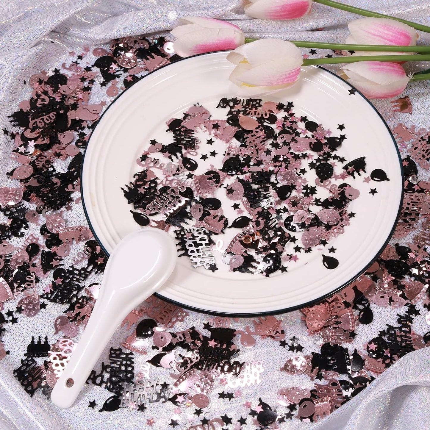 Rose Gold and Black Happy Birthday Confetti, 3000 Pcs Birthday Cake Table Metallic Foil Confetti Party Table Decor for Party, Baby Shower, DIY Arts and Crafting