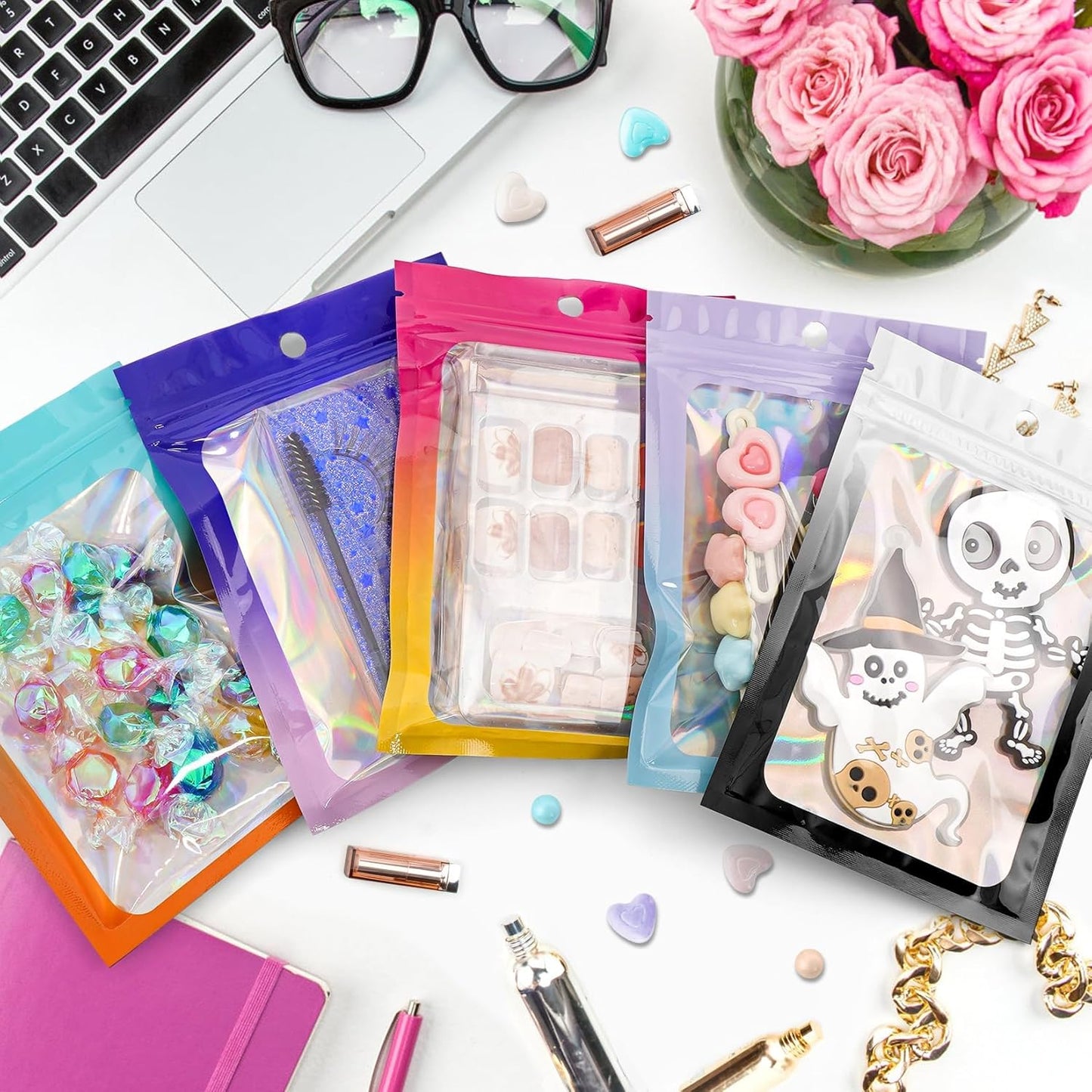 Funfery 100 Pack Gradient Holographic Bags,Resealable Bags with Zipper,Clear Window Packaging Pouchs,Foil Bag for Food Storage,Small Business,Sample Jewelry Bag(4.7×7In,White Black)