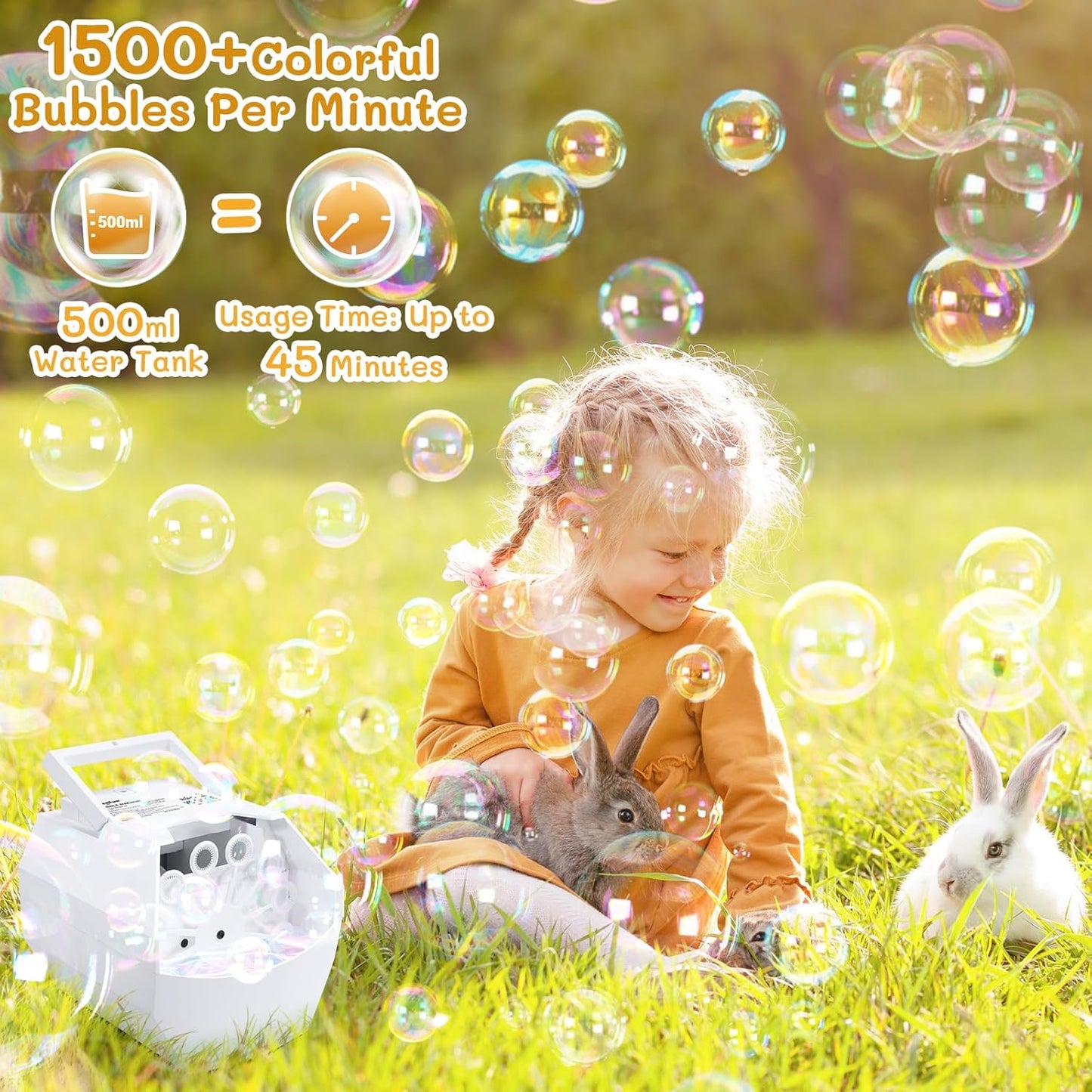 Theefun Bubble Machine: 500ML Automatic Bubble Blower Max 15000 Bubbles per Min for Kids and Toddlers, Battery or USB Operated Portable Bubble Maker for Parties Weddings Birthday White